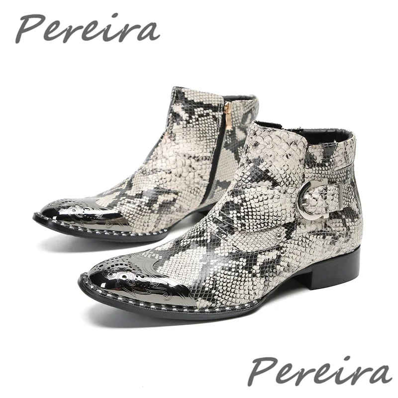 

Snake Pattern Genuine Leather Men Boots Iron Round Toe Buckle Side Zipper Ankle Boots Fashion Party Banquet Business Dress Shoes
