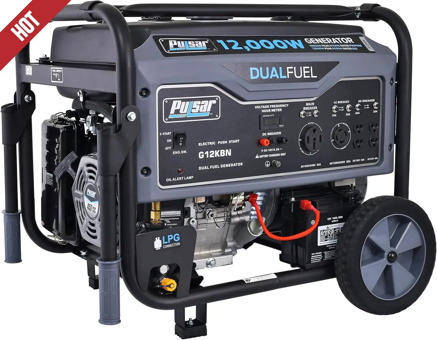 

G12KBN Heavy Duty Portable Dual Fuel Generator -9500 Rated Watts&12000 Peak Watts - Gas & LPG - Electric Start - Transfer Switch