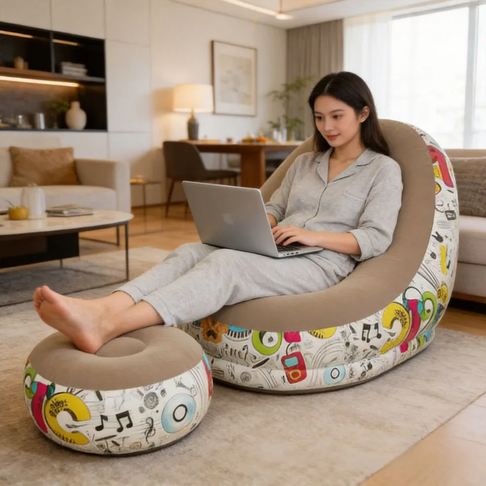 Modern Eco-flocked PVC Inflatable Sofa Custom Factory-designed Adult Reclining Camp Lounger Foldable Air Sectional Living Room