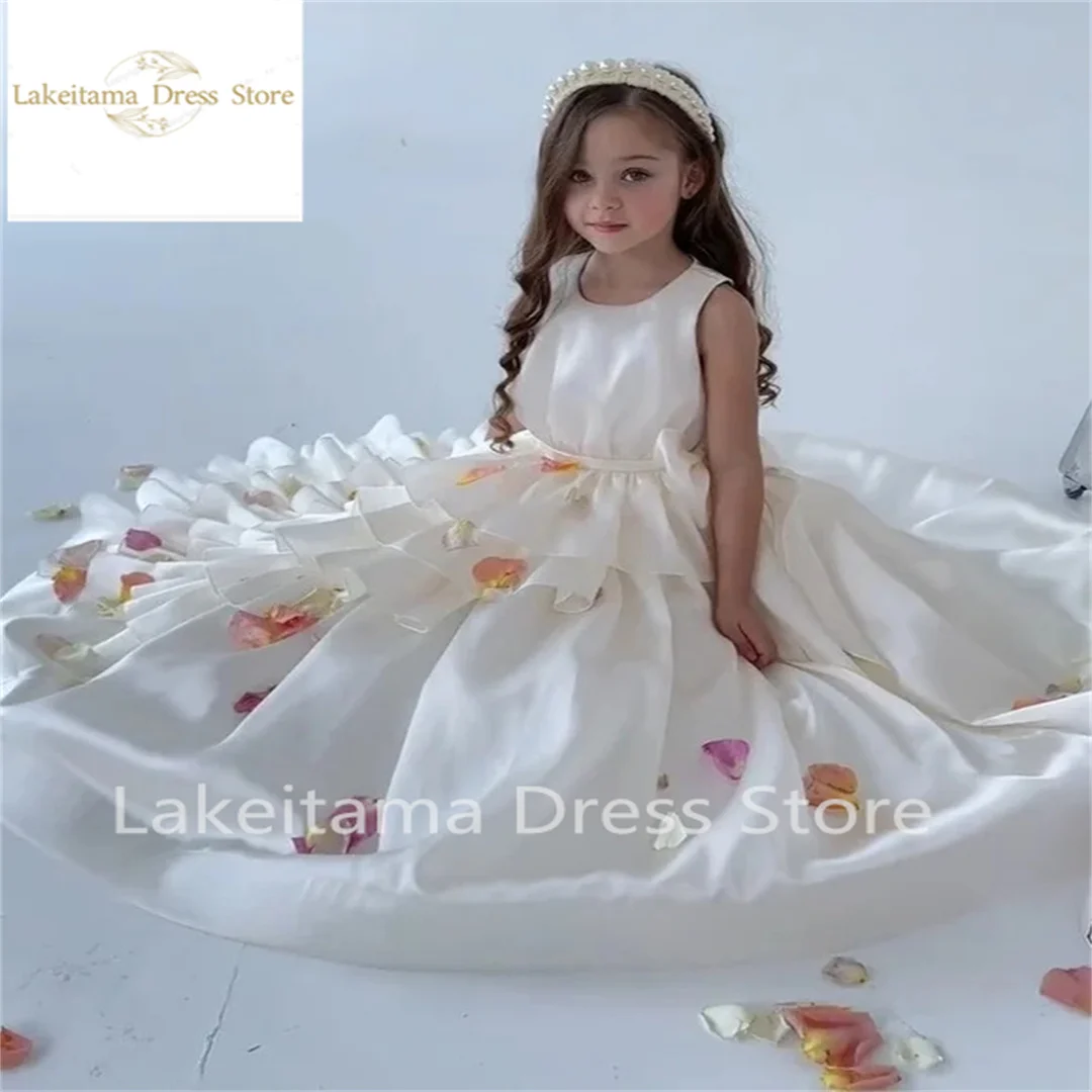 Robe de demoiselle d'honneur en satin superposé, robe en fibre de tulle à col rond gonflé avec nœud, robe de Rhd'anniversaire pour enfants, robe de première communion, mariage