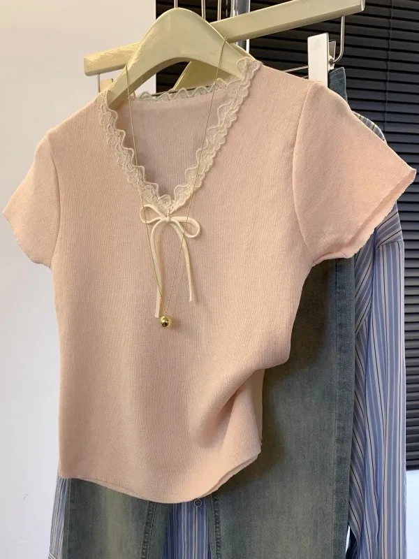 فضفاض الدانتيل تقليم مربوط ort Sve تي شيرت المرأة الصيف Faion العمر-Defng V-Ne الأعلى الكورية Sle لباس غير رسمي