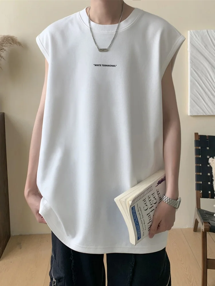 

White Cotton Men's Vest Loose Fit American Sle Heavyweight Svel T-irt for Teenagers Summer Breathable Sweat Absorbent
