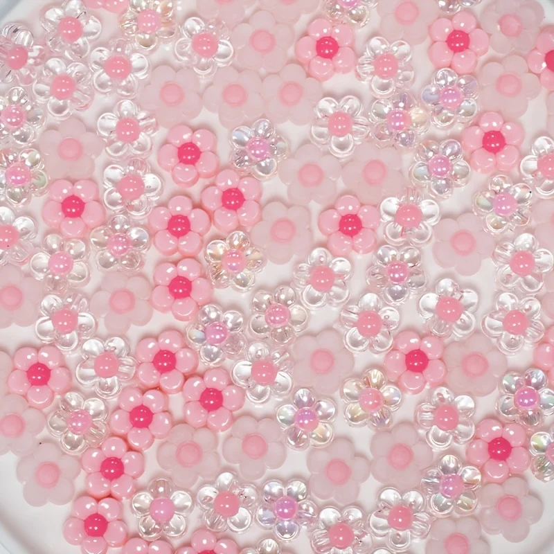 12mm 80pcs Pink Series Flowers Including Matte, Shiny, and Solid-Colored Beaded Flowers with Holes for DIY Crafts