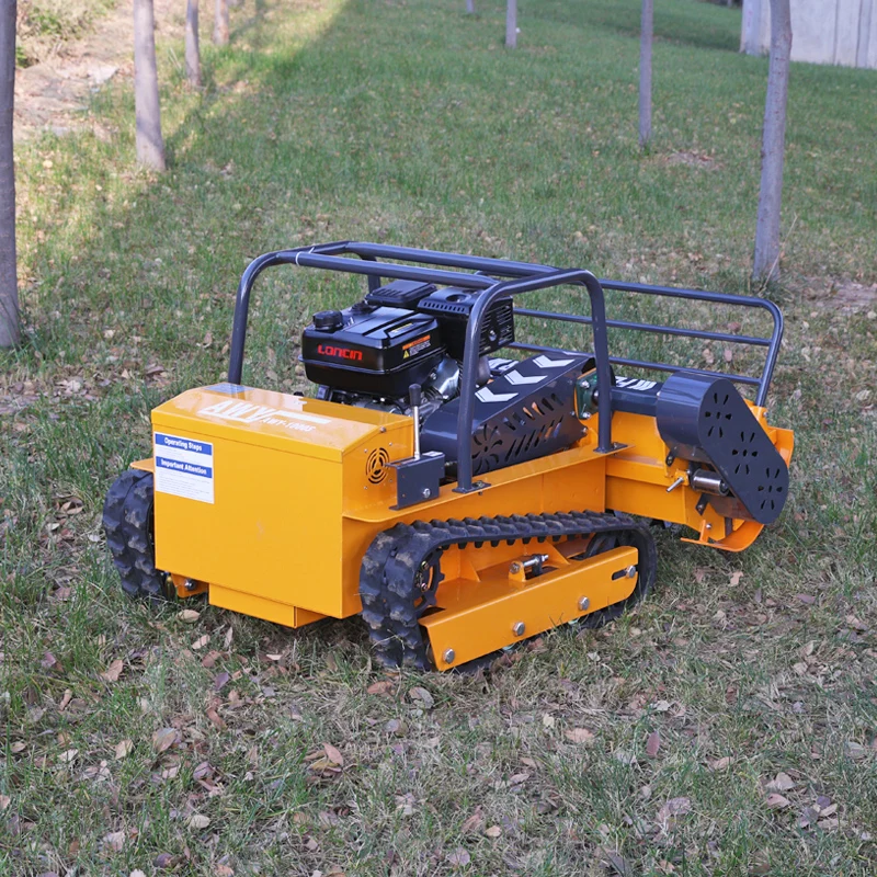 Customized remote-controlled lawnmower, with customizable configuration, available in black and yellow.