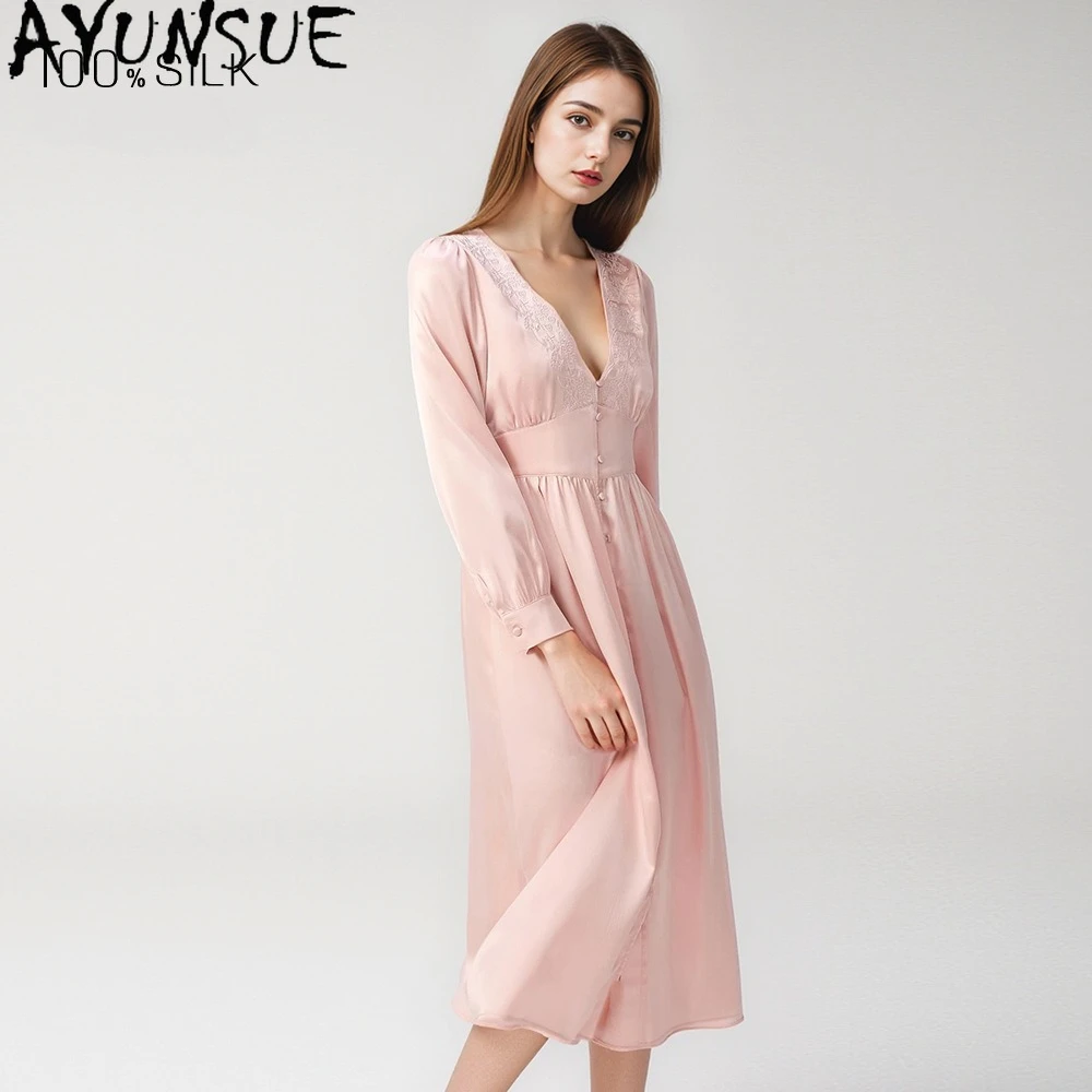

AYUNSUE 19MM 100% Real Silk Sexy Dresses Sleepwear Night Dress for Women Spring Summer Pajama Women's Home Clothes Streetwear