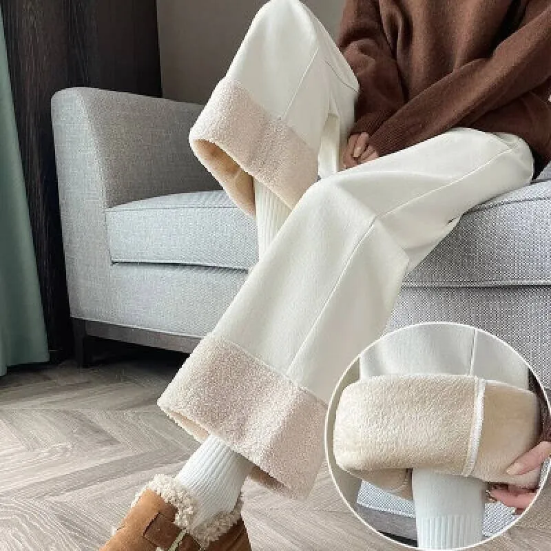 

25 Winter Fleece Wide-Leg Pants Plush Warm Drapery Floor-Length Slim Fit Casual Trousers