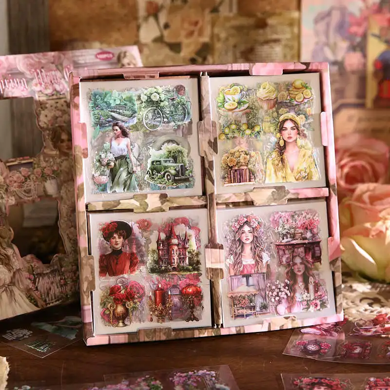 100 Sheets Floral Pattern Boxed Stickers, DIY Handmade Album Scrapbooking Decorative Paper Supplies