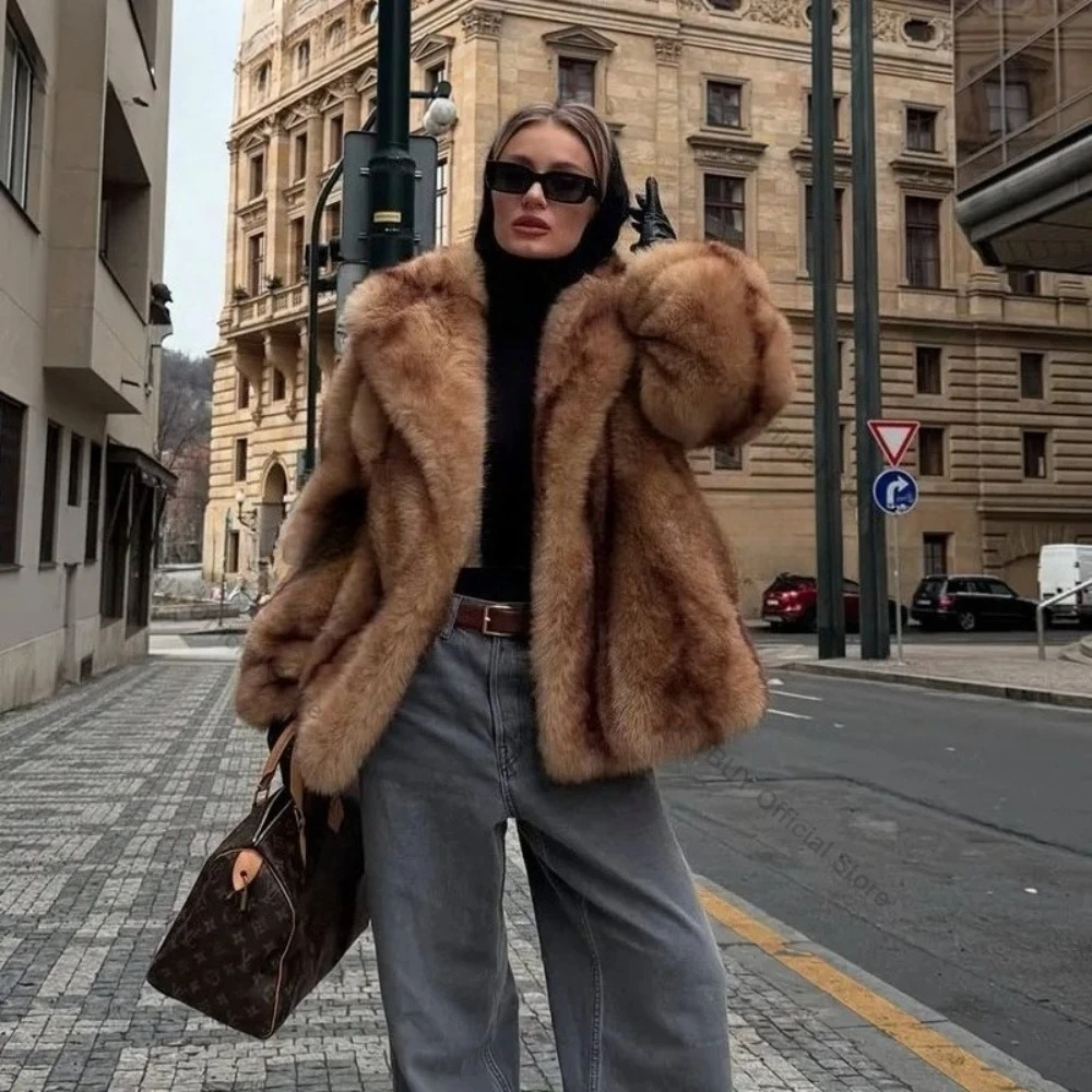 OFTBUY Artificial Short Fur Coat Winter Exclusive Striped Faux Fur Jacket Women Overcoat Fashion Fluffy Fox Women's Fur Coat