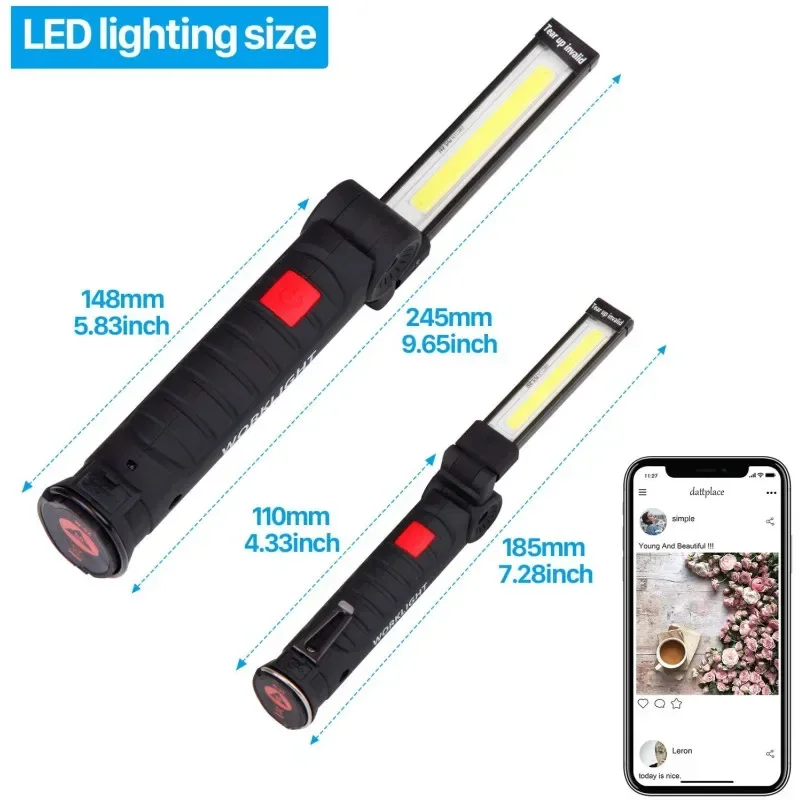 Portable LED COB Work Light USB Rechargeable 360°Rotating Folding Hanging Lamp for Repairing Outdoor