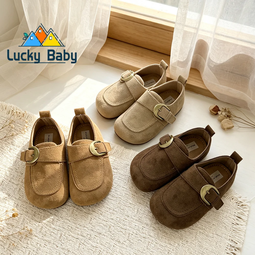 Retro Flat Shoes Boys Casual Shoes Children Buckle Round-toe Britain Style Girls Versatile Breatheable Kids Unisex Suede Shoes