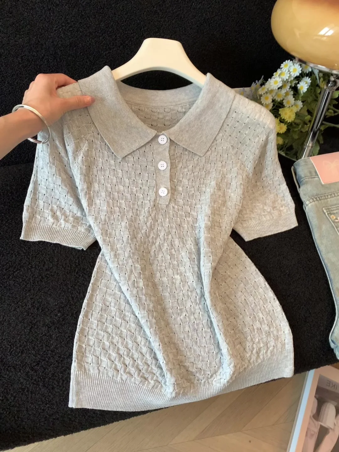 Women Grey Polo T-Shirt Knit Short Sleeve Wool Knit T-shirt Korean Style Elegant Vintage Y2K Gyaru T-Shirt for Women Summer 2026