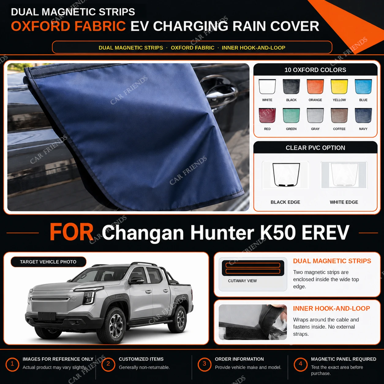 For Changan Hunter K50 EREV Oxford Fabric EV Charging Port Rain Cover with Dual Magnetic Strips Outdoor Charging