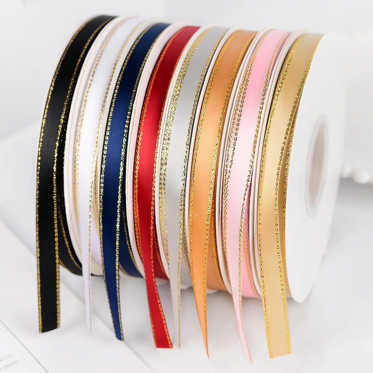 50 Yards/Roll 1cm Glitter Gold Edge Satin Ribbons Christmas Wedding Decoration For Hair Bows Gift Baking Bouquet Wrap Ribbons