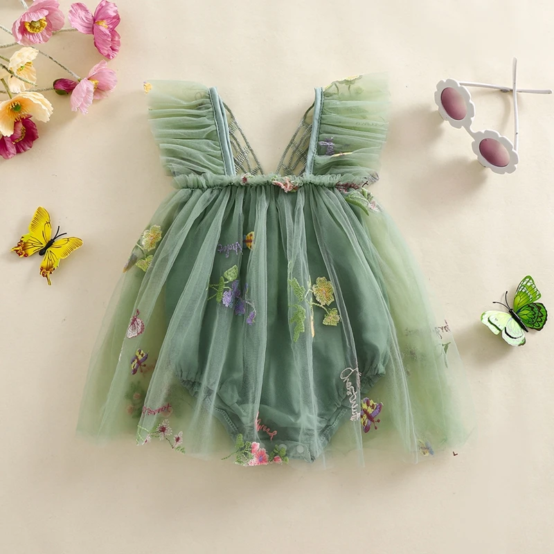 Baby Girls Romper Dress Mesh Flower Butterfly Embroidery Sleeveless Square Neck Adorable Jumpsuit