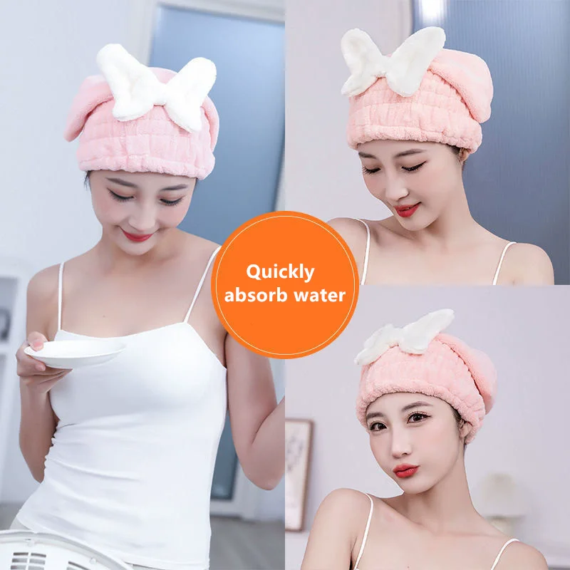 Cute Bow Shaped Hair Cap for Women Quick Drying Coral Fiber Dry Hair Towel Fast Absorbing Ladies Head Towel