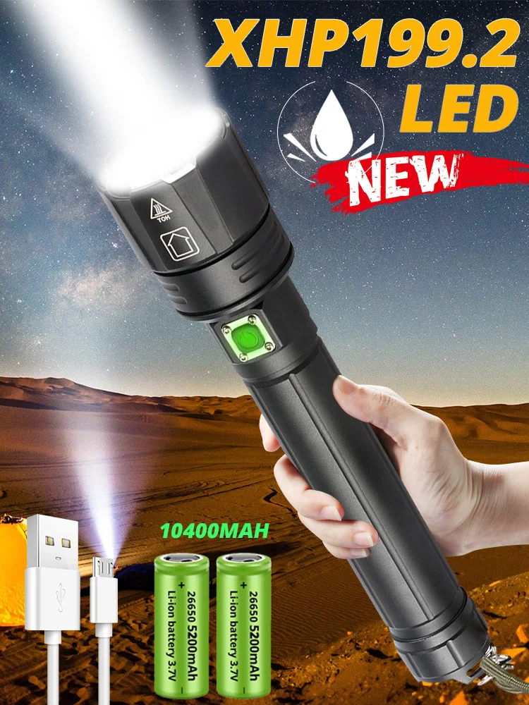 2024 NEW XHP199.2 LED Flashlight Powerful Lantern USB Rechargeable Zoomable Torch 18650 26650 Battery 3 Modes for Camping Riding