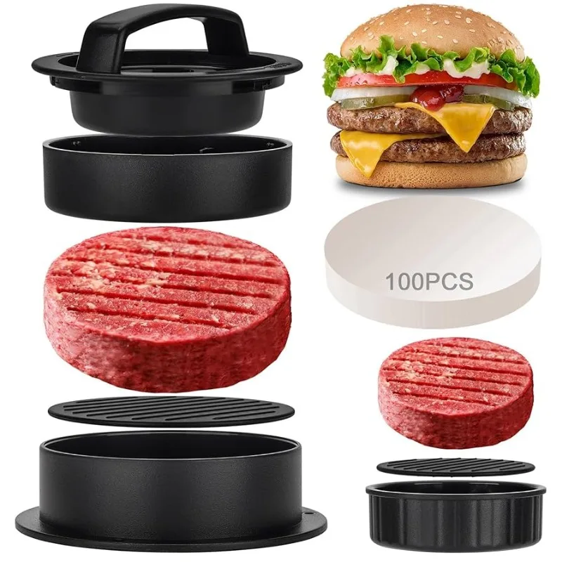 3 in 1 Stuffed Burger Press Patty Maker Rings Molds Kit,  with 100 Pcs Wax Hamburger Patty Paper,  for Slider/Pattie/Grilling