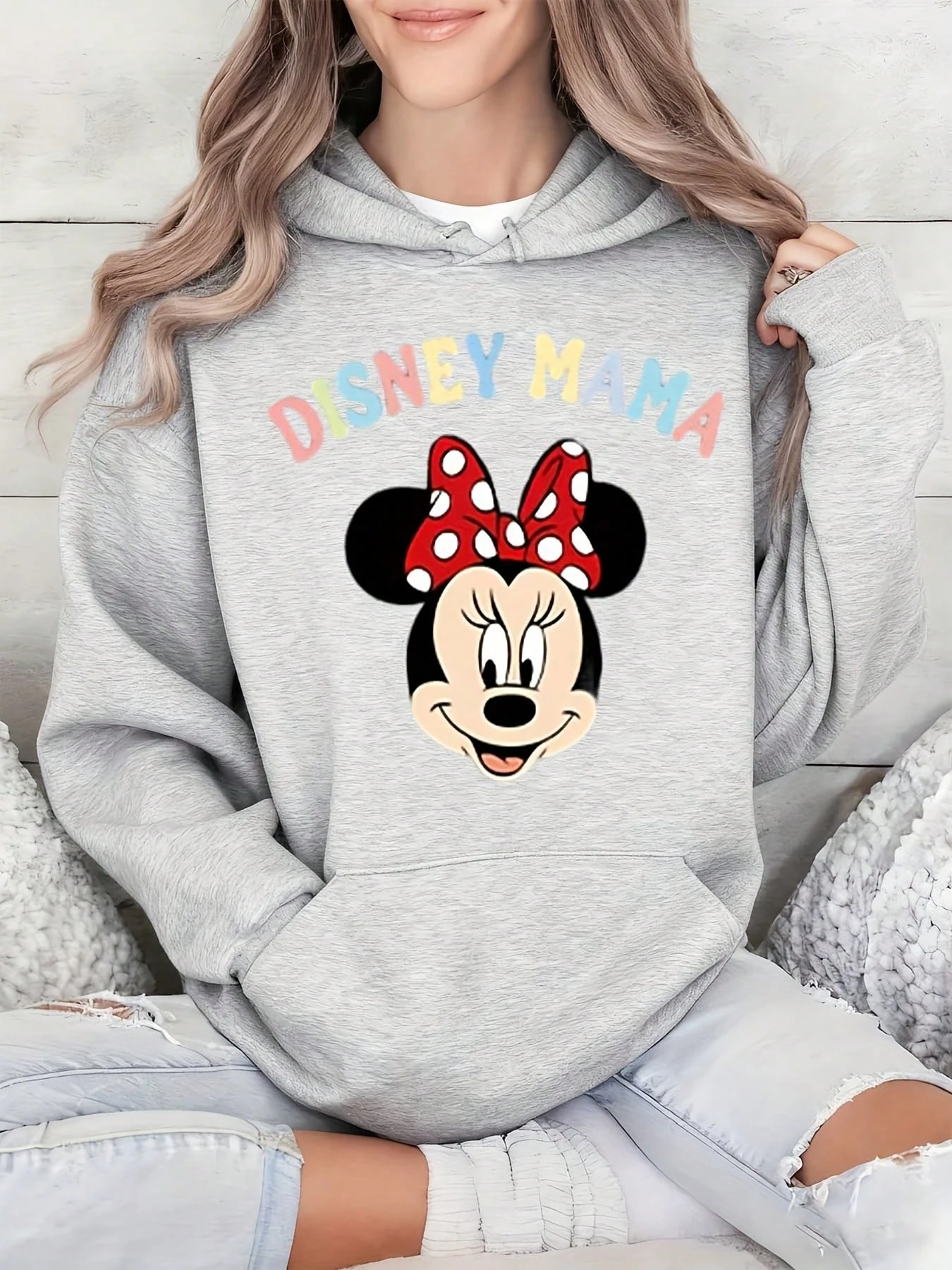 

Толстовка из 100% хлопка с принтом Disney Autumn/Winter Minnie «Disney Mom» для мужчин и женщин, повседневный и теплый топ Y2k
