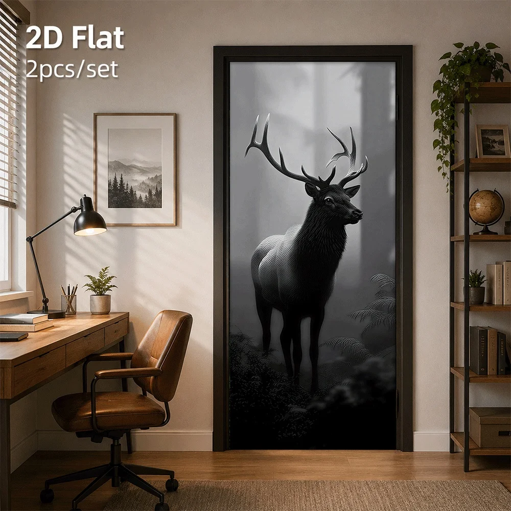 1 mysterious forest elk door sticker with dark art decoration sticker, waterproof self-adhesive, removable 2D flat surface