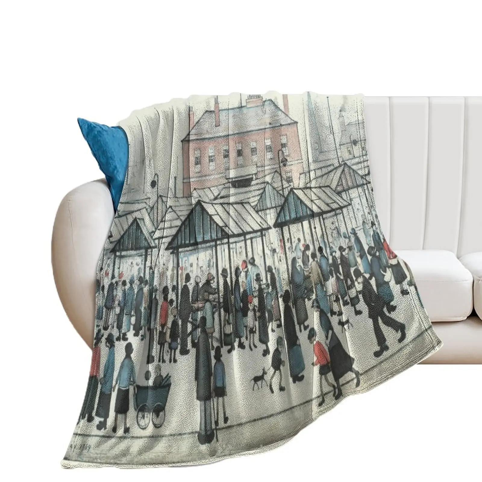 Market Scene, Northern Town, 1939 by L S Lowry Throw Blanket Stuffeds Warm Soft Plush Plaid Blankets