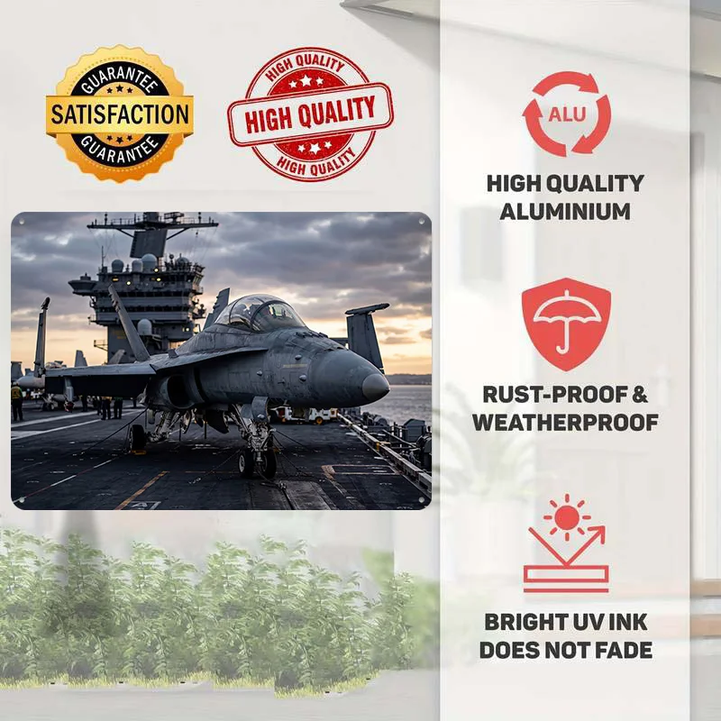 Fighter Jet on Aircraft Carrier Deck 3D Printed Texture Poster Personalized Wall Art Retro Metal Tin Signs for Home Decor Items