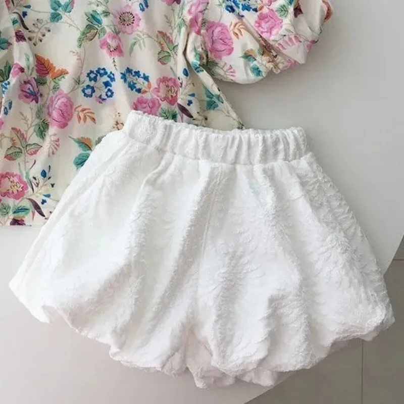 Girls Suit New Baby Girl All-match Short-sleeved Shirt Shorts 2PCS Children\'s Flower Bud Pants Retro Top Suit Kids Clothes Set