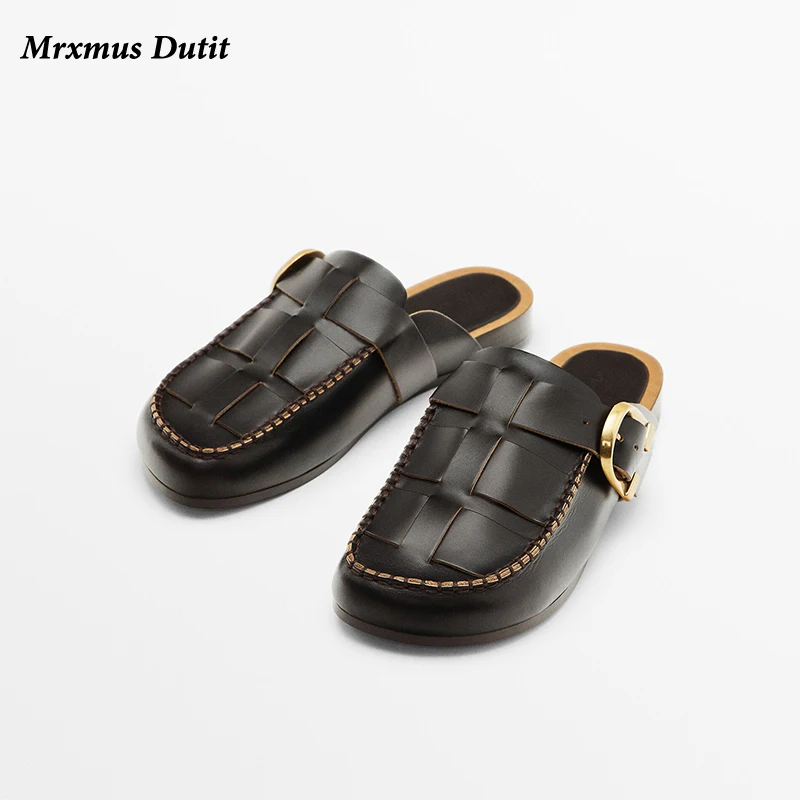 

Mrxmus Dutit 2023 Summer New Original Retro Genuine Leather Flat Sandals Loafers Female Chic