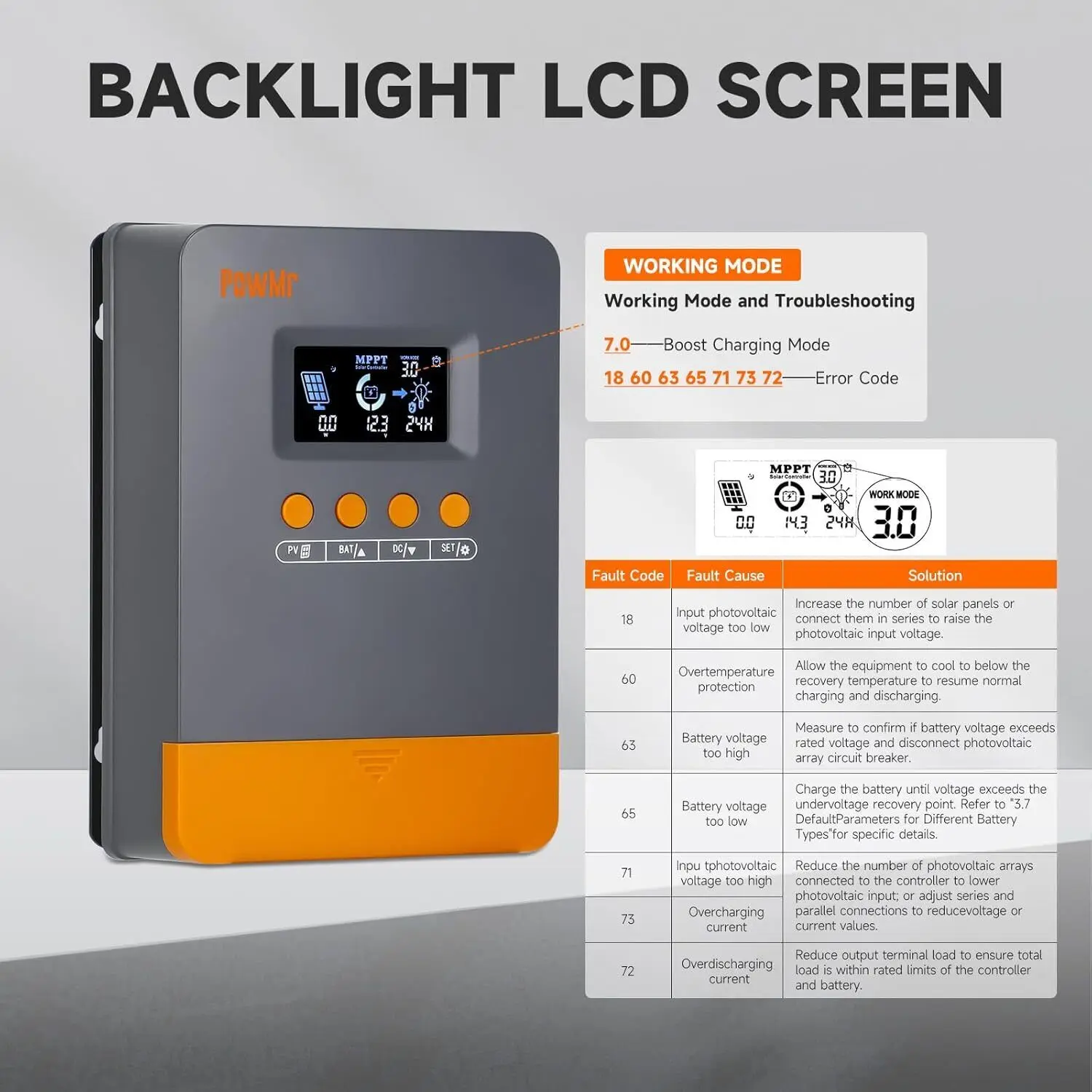 PowMr 25A/35A/45A MPPT جهاز التحكم بالشحن بالطاقة الشمسية لبطارية ليثيوم 12 فولت/24 فولت منظم LCD 100VDC لوحة أرضية وحدة تحكم USB مزدوجة #2