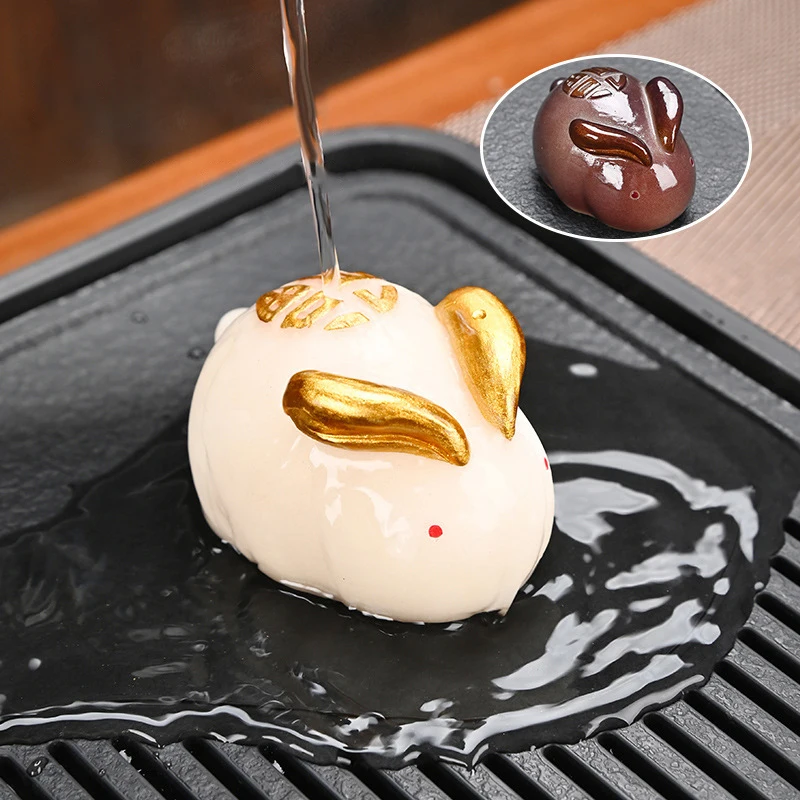 Color-Changing Tea Pet White Rabbit Golden Rabbit Tea Table Accessories Color-Changing When Heated, Decoration Ornaments