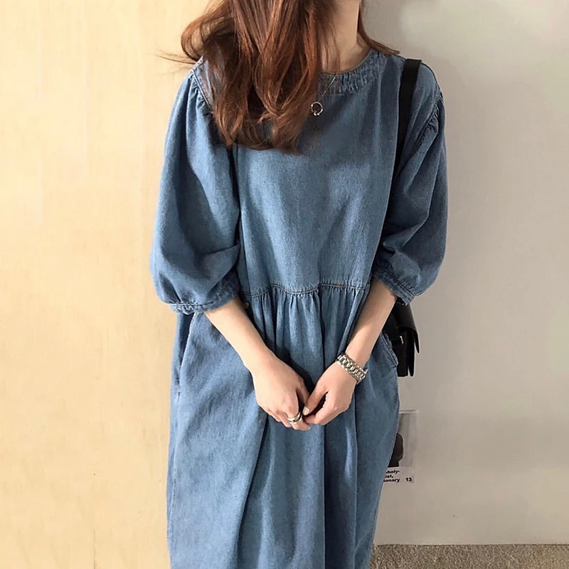 Retro Lazy Sle round Ne High Waist Loose ket Seven Sve Wa Blue Jeans Long Dr Chic Commute Loose Waist