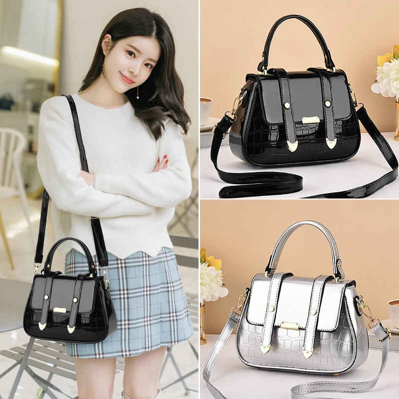 Latest Ladies Satchel Shoulder Bag Vintage Luxury PU Patent Leather Messenger Purse Casual Silver Pocket Small Black Handbag