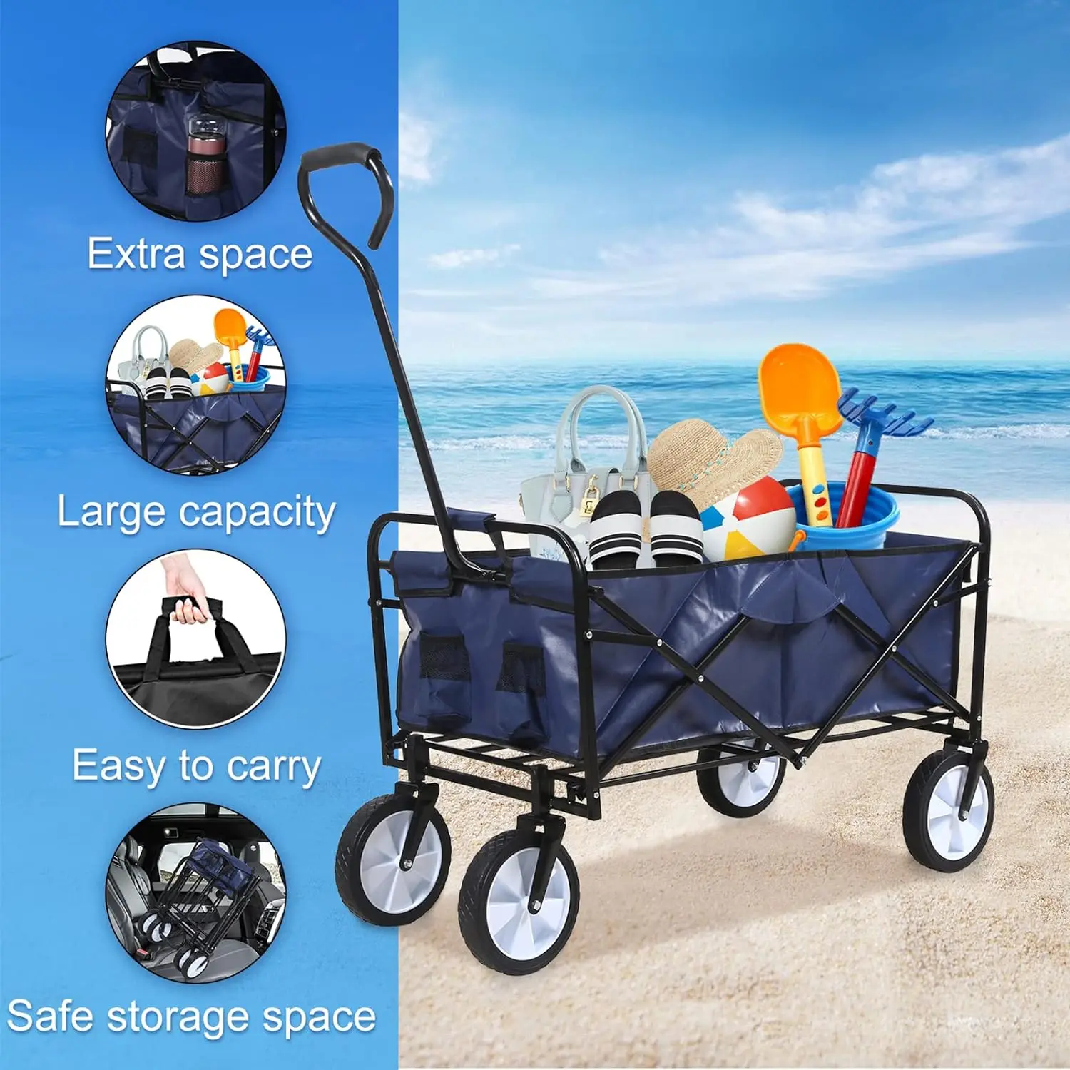 

Rolling Collapsible Garden Cart Camping Wagon with 360 Degree Swivel Wheels & Adjustable Handle 220lbs Weight Capacity Blue