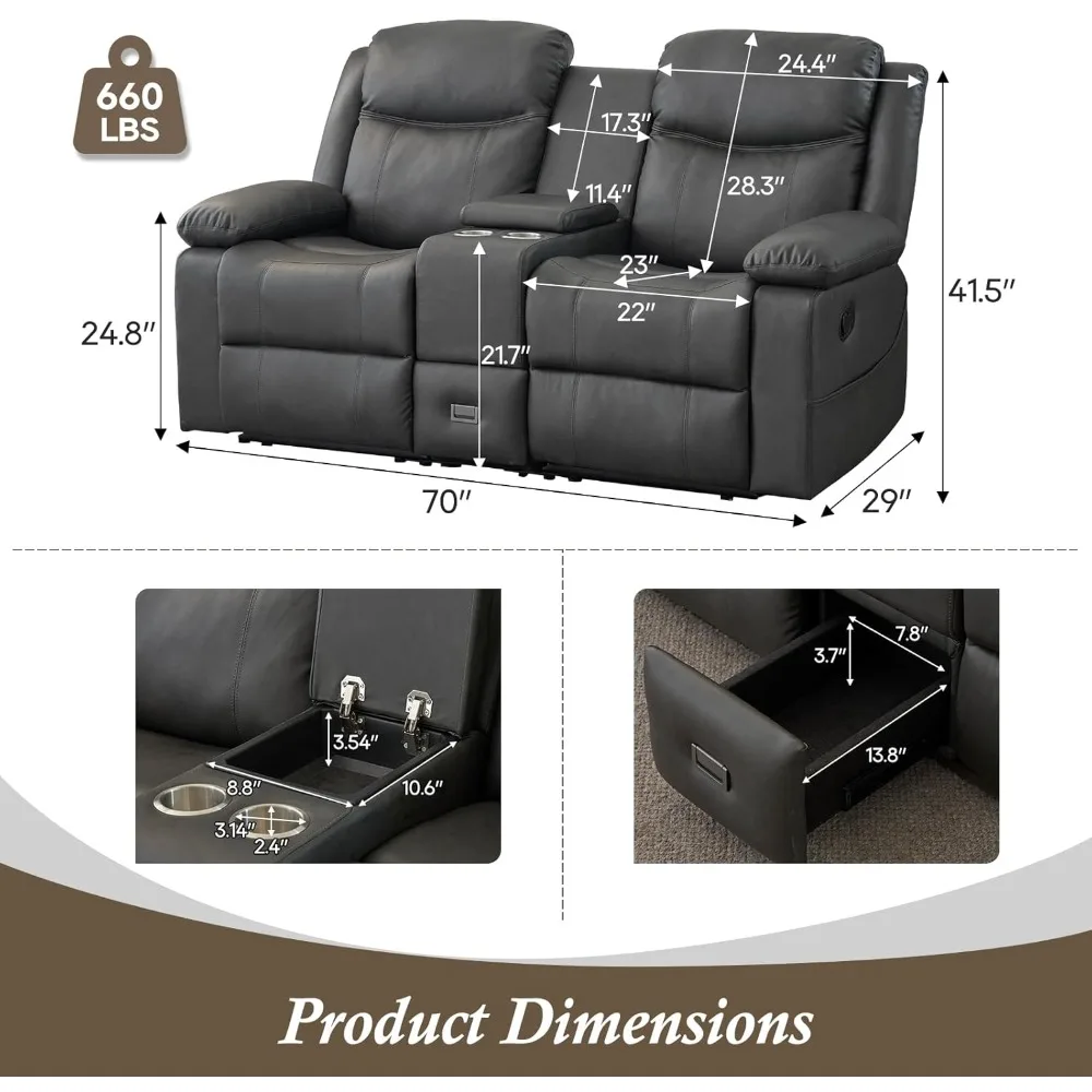 Reclining Loveseat with Console,Double Reclining Loveseat, 2 Seater Manual Reclining Couch for Living Room, Office, Home Theater