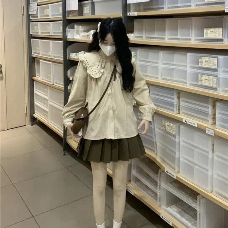 New French Retro Japanese Embroidered Wood Ear Border Doll Collar Shirt Women's Single Breasted Corduroy Top