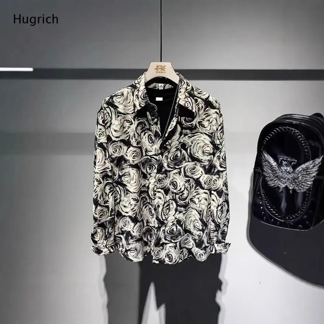 Black White Rose All Over Print Lapel Collar Long Sleeve Shirt Club Party Mens Streetwear Top