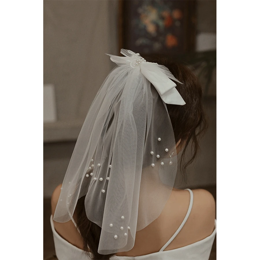 New Arrival Ivory Short Bridal Veils Bow with pearl veil Bride Wedding accessories Velos de novia Wedding veils Voile de mariée