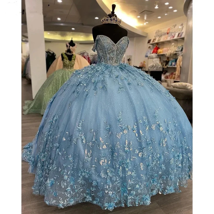 

2025 Light Blue Off The Shoulder Ruffles Ball Gown Quinceanera Dresses Sequined Lace Beading Crystal Corset Vestidos De 15 Anos