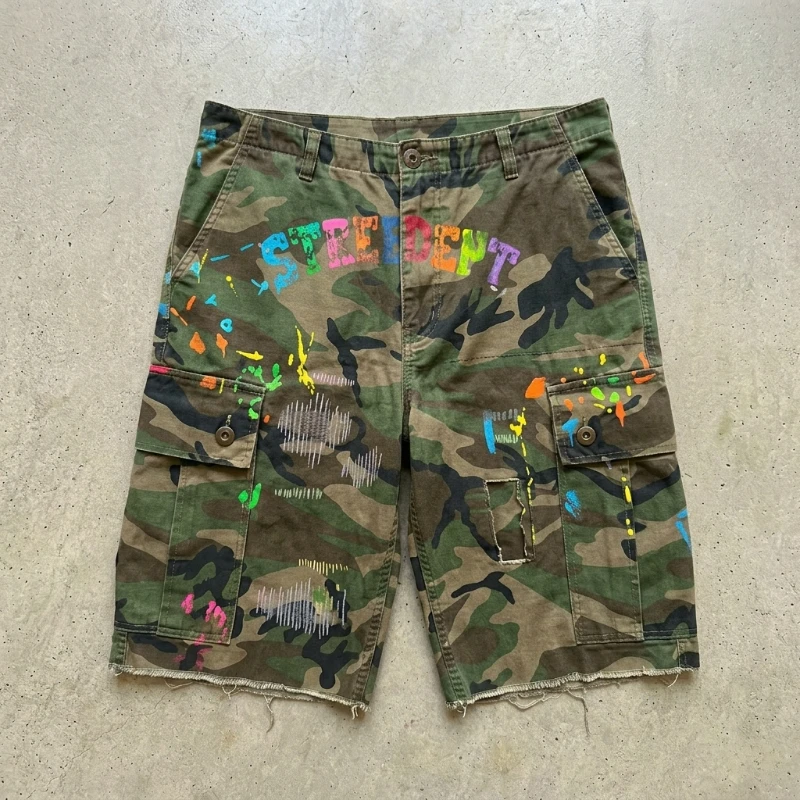 Y2k Camo Cargo Shorts Retro Graffiti Patched Hole Men Women Shorts American Hip Hop Trendy Streetwear Unisex Casual Baggy Shorts
