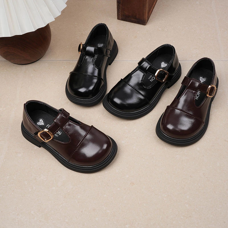 

Toddler Girls T-Strap Leather Shoes 2026 New Spring Autumn Kid School Uniform Mary Jane Flats Soft Sole Preppy Style Dress Shoes