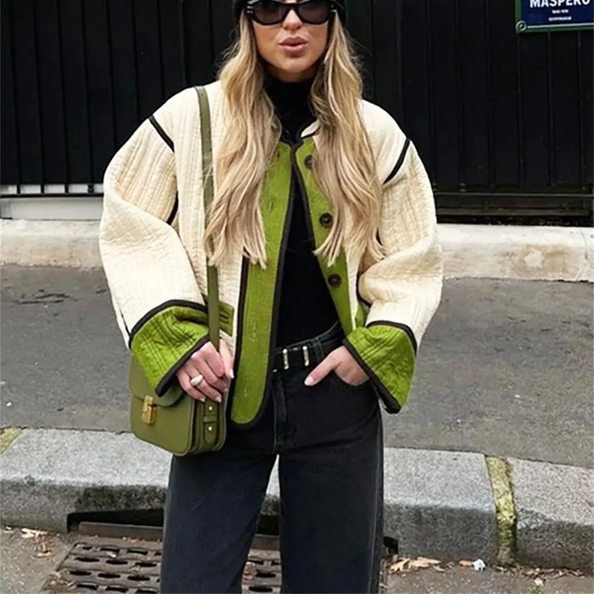 

Autumn Winter Quilted Coat For Women Loose Long Sleeves Single Breasted Jacket Lady Fashion Contrast Color Coats Street Outwear