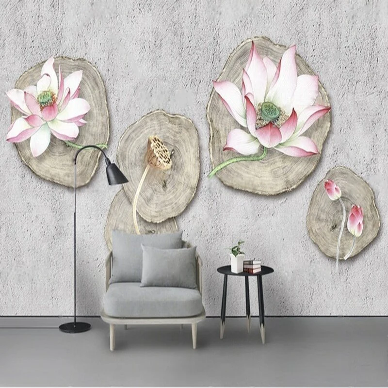 

Modern Fashion Lotus Flower Bud Relief Abstract Wood Grain Lotus Leaf Fishpond Flower Shop Living Room Decoration Picture Wall