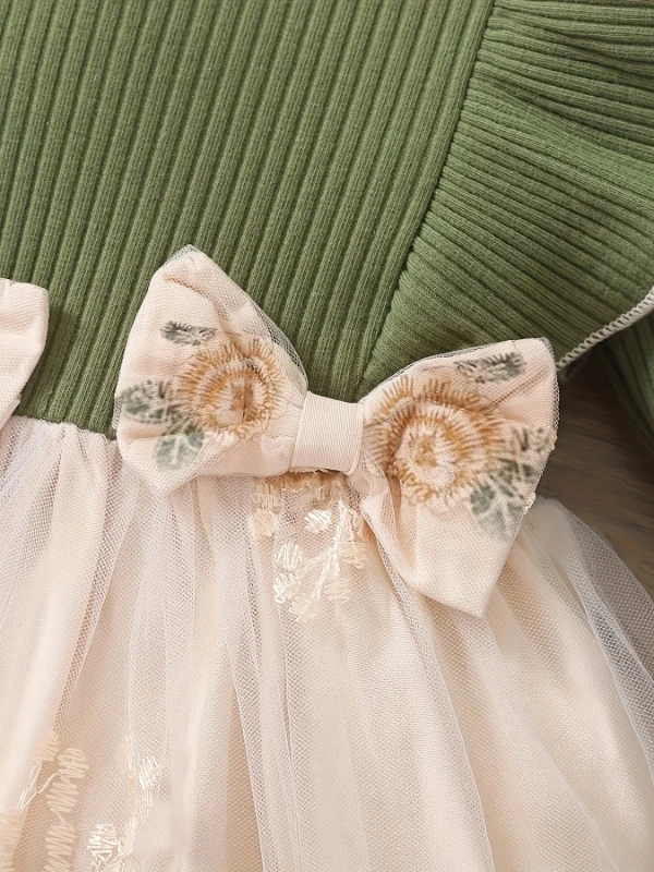 فستان محبوك على طراز الغابة للفتيات | بلوزة مضلعة باللون الأخضر الزيتوني مع تنورة من التول - فستان أميرة مزين بالزهور ثلاثي الأبعاد" #5