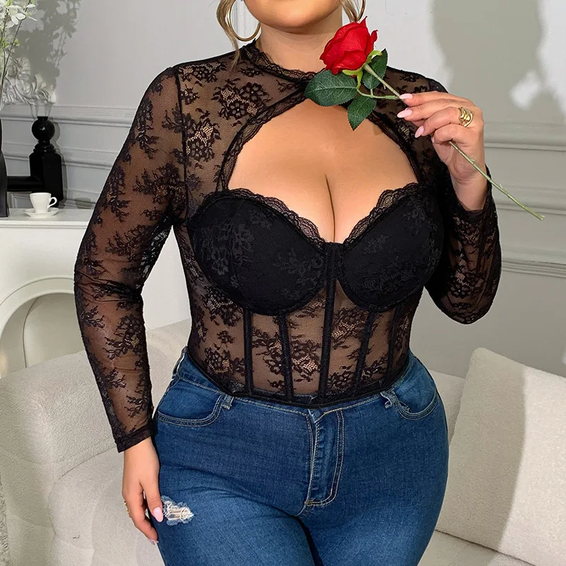 فتاة سوداء مقاس كبير XL-4XL كاملة الجسم، دانتيل شبكي رفيع مرقع، قطع علوية مثيرة وشفافة من الفولاذ على شكل هيكل السمكة #4