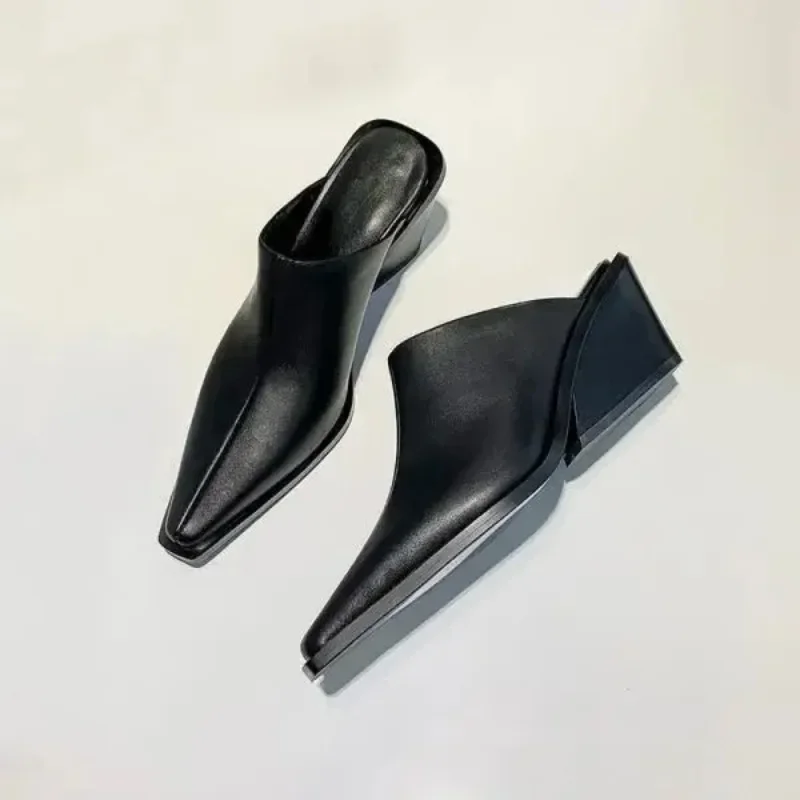 Shoes Mules For Women 2024 Slippers Casual Loafers Pantofle Slides Square Toe Low On A Wedge Luxury New Heels Block Cover Fashio