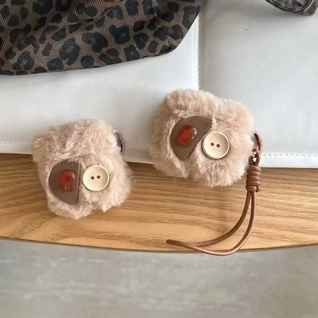 For Apple AirPods 1 2 3 4 Pro 2 AirPods Pro3 2025 Case Cute Plush Solid Geometric Buttons Winter Earbuds Cover With Pendant