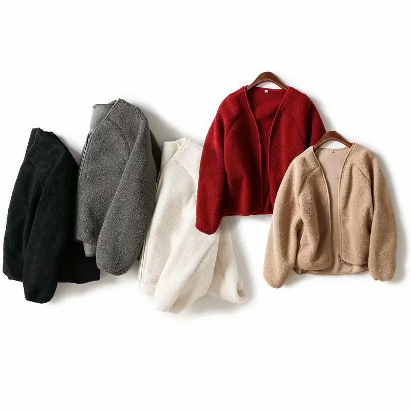 

Корейская версия, осенне-зимнее женское новое пальто, мягкая овечья шерсть, v-образный вырез, молния, утепленная теплая флисовая куртка, однотонное текстурированное короткое пальто