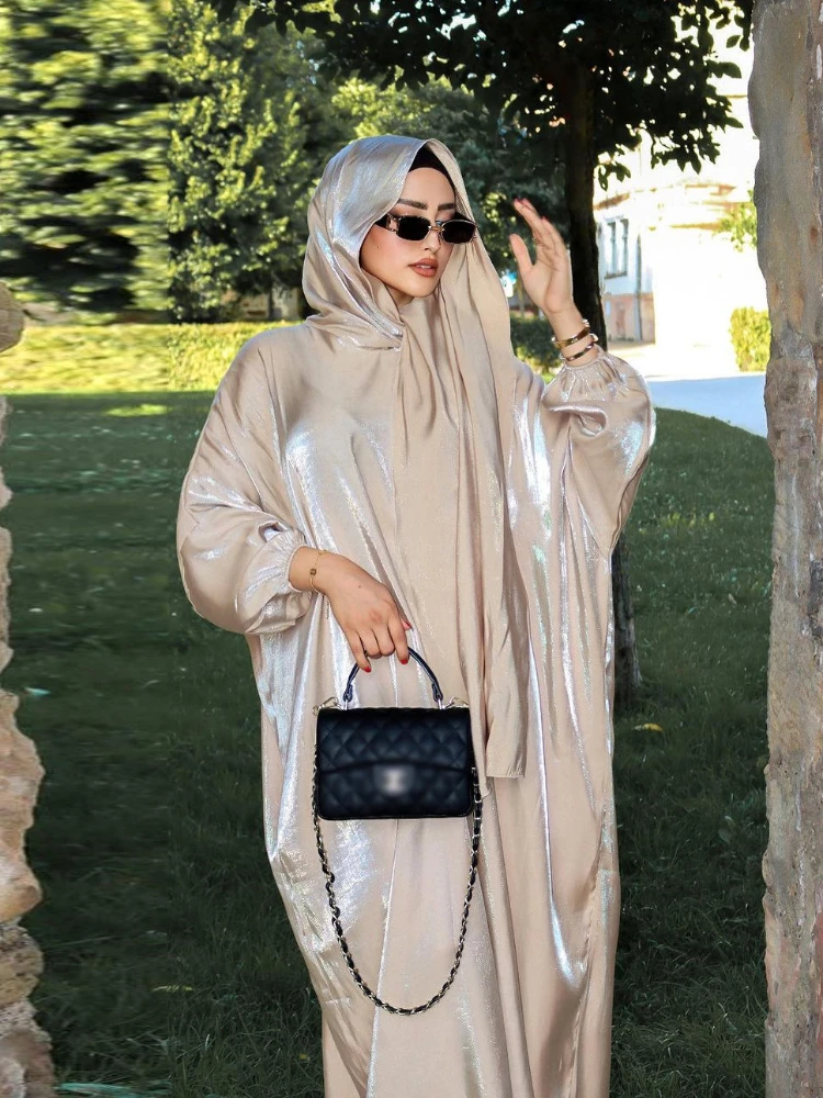 Abayas con capucha sedosa musulmana Eid para mujer, vestido de Marruecos, Ramadán, caftán Abaya, cárdigan islámico elegante, túnica larga árabe de