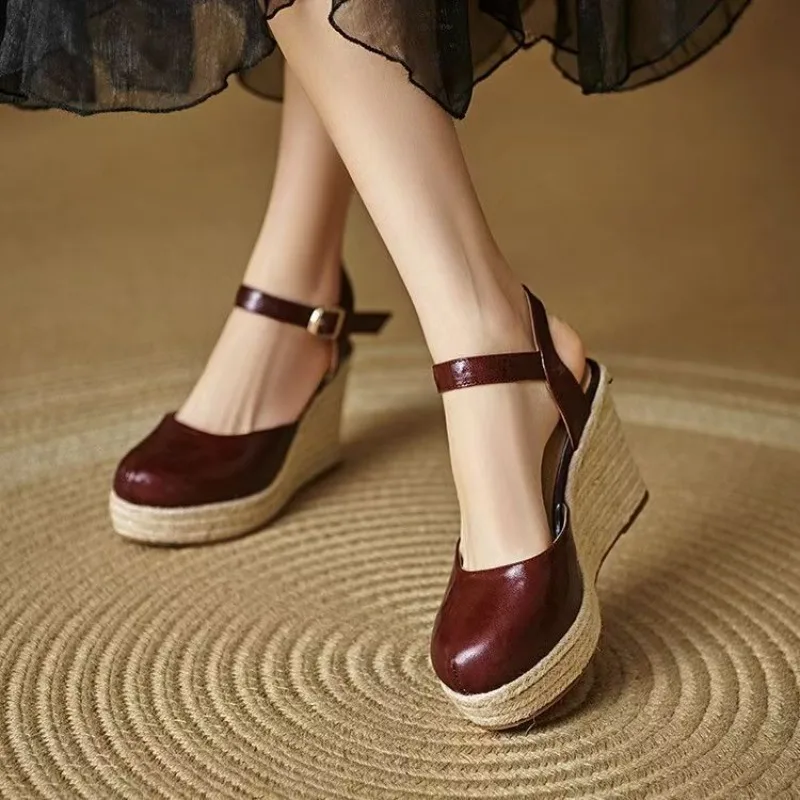 2026 New Summer Party Slope Heel Leather Sandals High Quality Handmade High Heel Women's Shoes