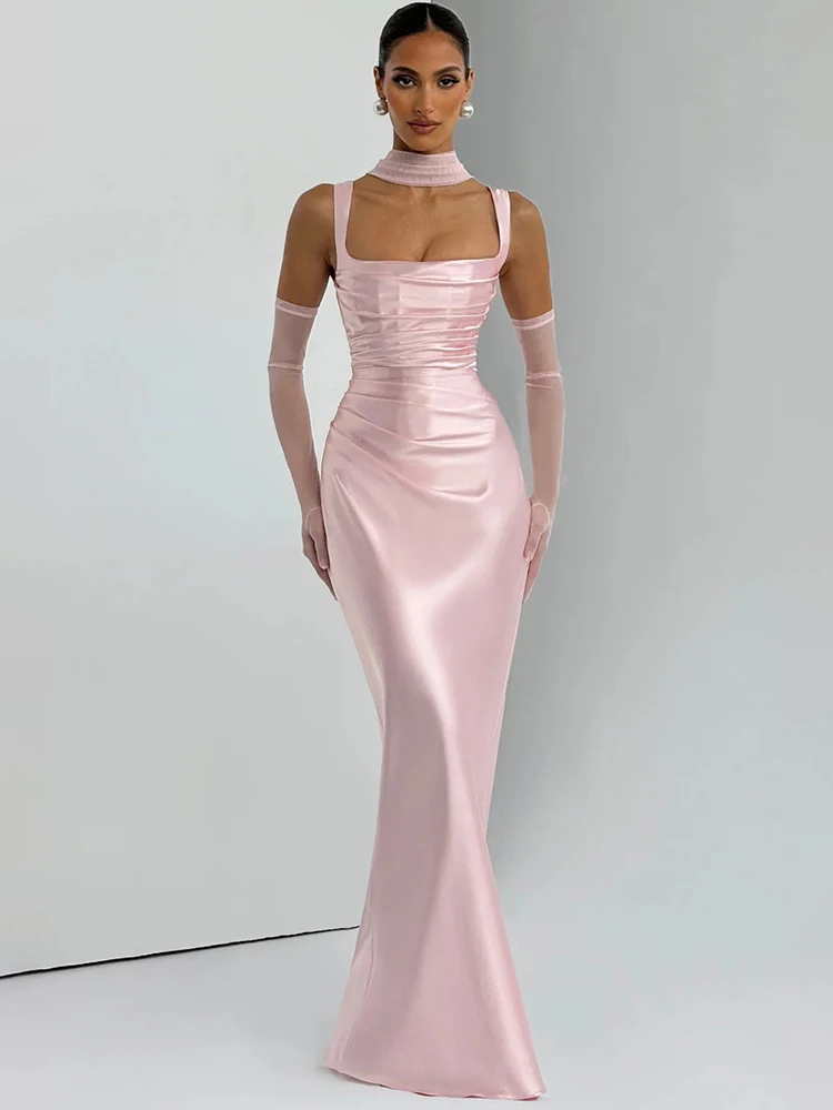 Mozision Satijn Backless Sexy Maxi Jurk Vrouwen Elegant Halter Off-shoulder Mouwloze Lace-up Bodycon Club Party Lange jurken