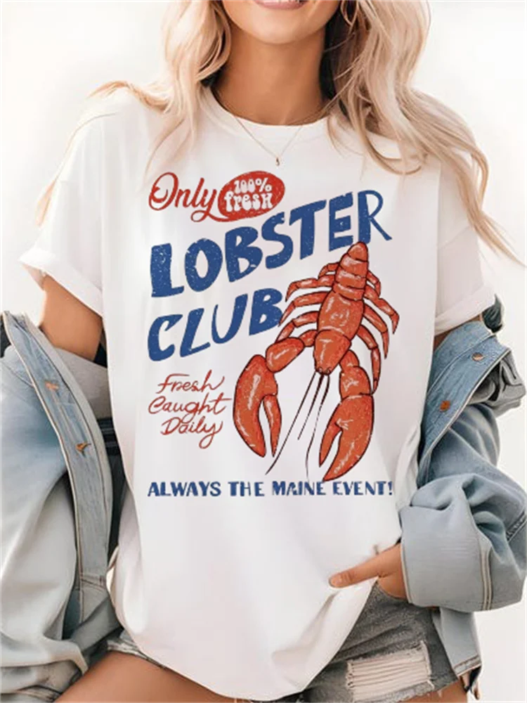 

Клуб омара с принтом, женская летняя милая одежда с короткими рукавами и круглым вырезом для отдыха и путешествий, модный топ, белая футболка